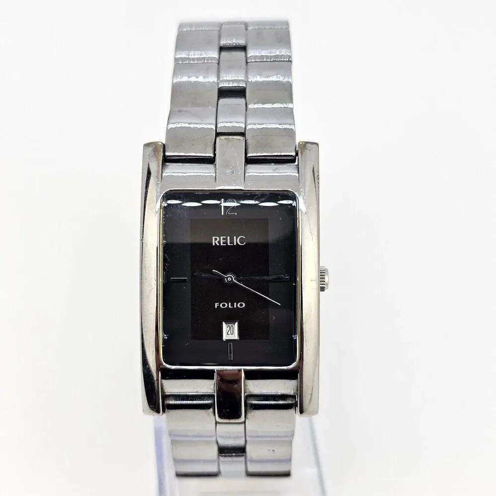 Relic‎ Tank Watch Men 27mm ZR77044 Silver Tone Black Dial Date New Battery 7.5